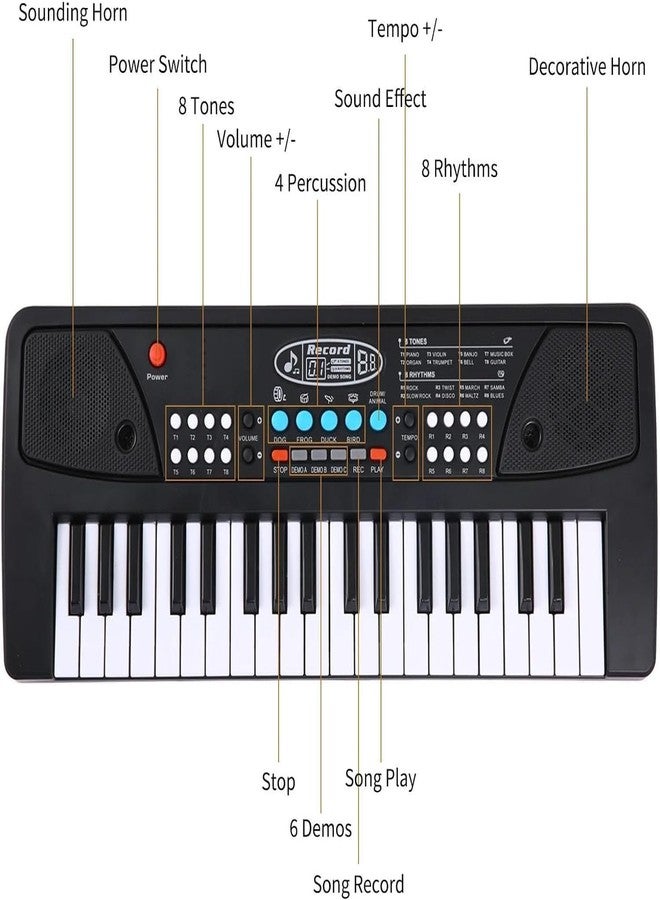 RENARSH Piano 37-Key Electronic Piano Keyboard Toy with DC Power Option, Recording and Microphone - Black - Image 5
